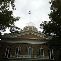US and Nevada state flags above Nevada capitol building