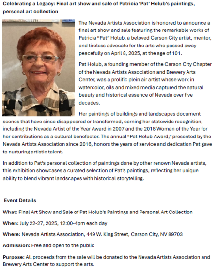 Nevada Artists Association, Celebrating a Legacy: Final Art Show & Sale of Patricia Holub’s Paintings, Personal Art Collection