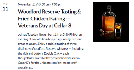 Carson City Events, Veterans Day at Cellar 8 Woodford Reserve Tasting & Fried Chicken Pairing