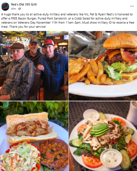 Red's Old 395 Grill, Veterans complimentary meal at Red's Old 395